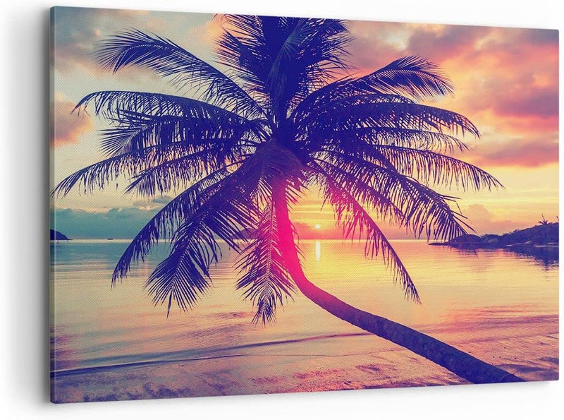 Bilder auf Leinwand 100x70cm Leinwandbild mit Rahmen Meer Strand Palme Gross Wanddeko Bild Schlafzim