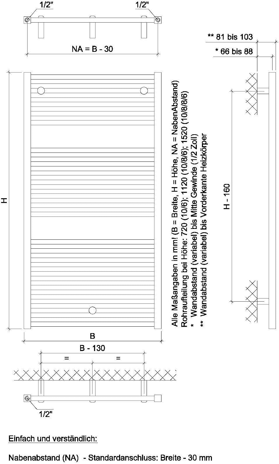 XIMAX Mittelanschluss Bad Handtuchtrockner Badheizkörper Centrino Weiss Gerade 720x600 mm HxB 720x50