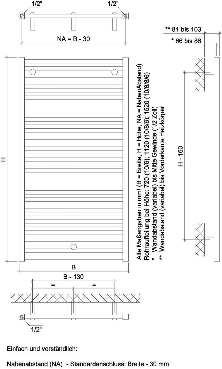 XIMAX Mittelanschluss Bad Handtuchtrockner Badheizkörper Centrino Weiss Gerade 720x600 mm HxB 720x50