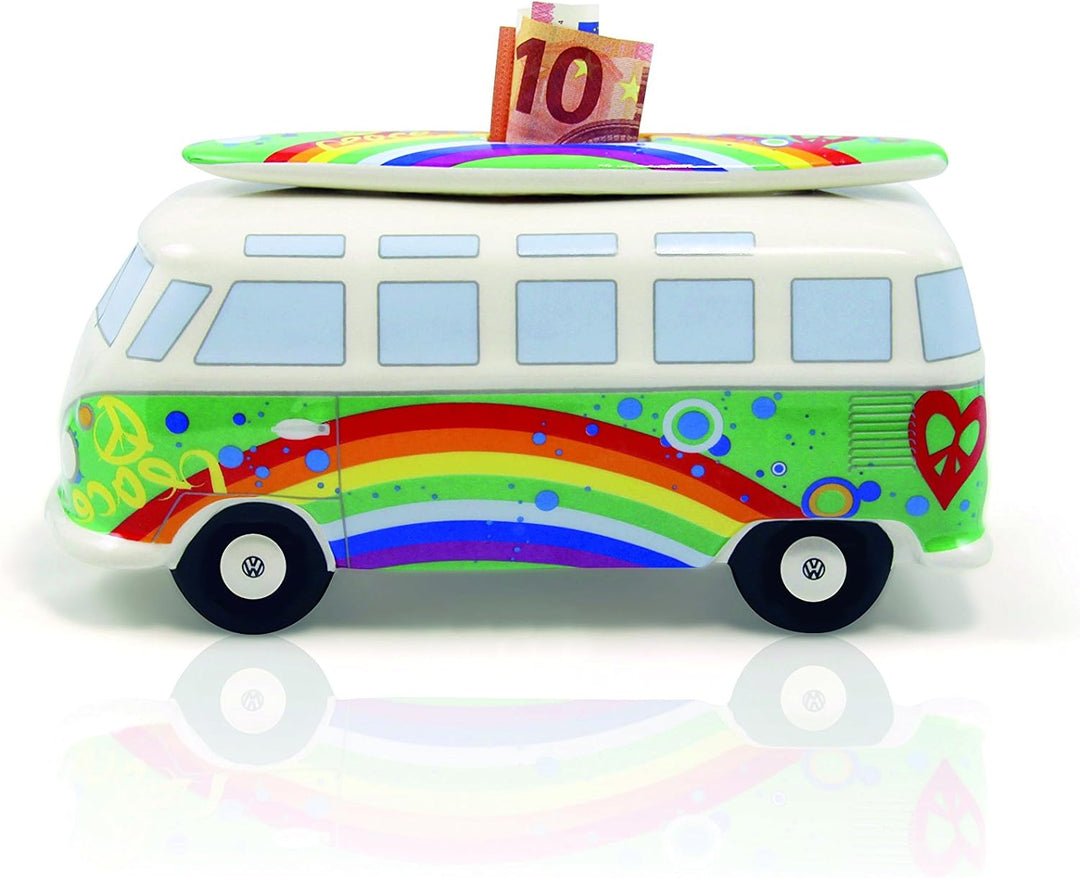 BRISA VW Collection - Volkswagen Spar-Büchse-Schwein-Dose mit Surfbrett im T1 Bulli Bus Samba Design