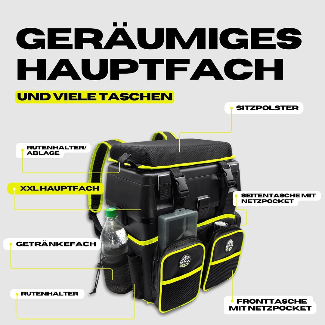 Pro Tackle Allround Sitzkiepe mit Rucksacksystem, Lime | Stabil und leicht, Gepolsterte Sitzfläche,