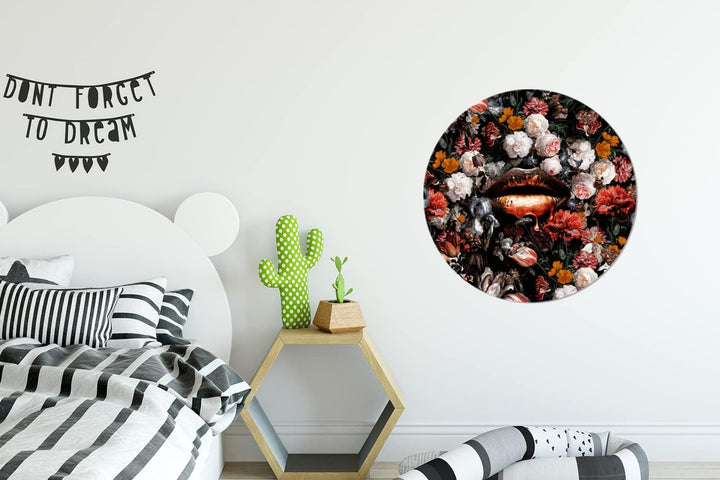 Wandbild Rund Wanddeko Deko Wohnzimmer Bilder 60x60 cm Lippen - Blumen - Farbe - Orange - Kunst - Ab