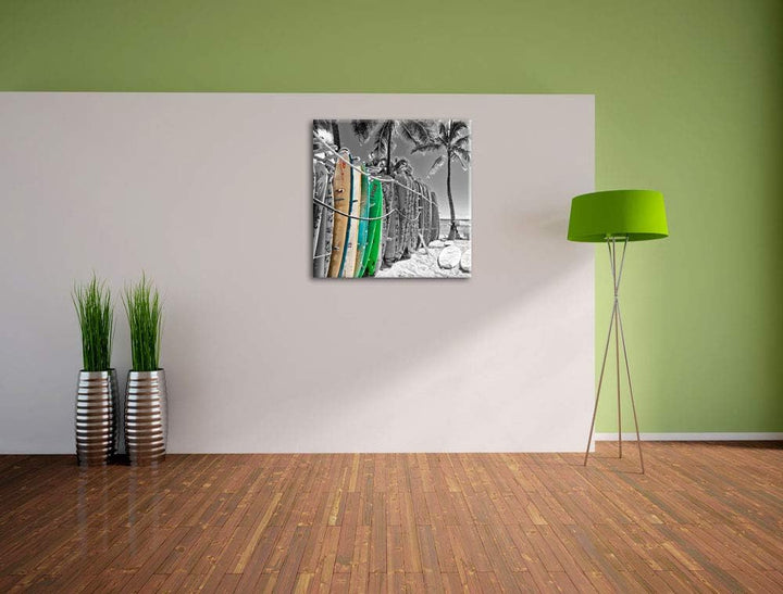 Pixxprint bunter Surfboards am Strand als Leinwandbild/Grösse: 70x70 cm/Wandbild/Kunstdruck/fertig b