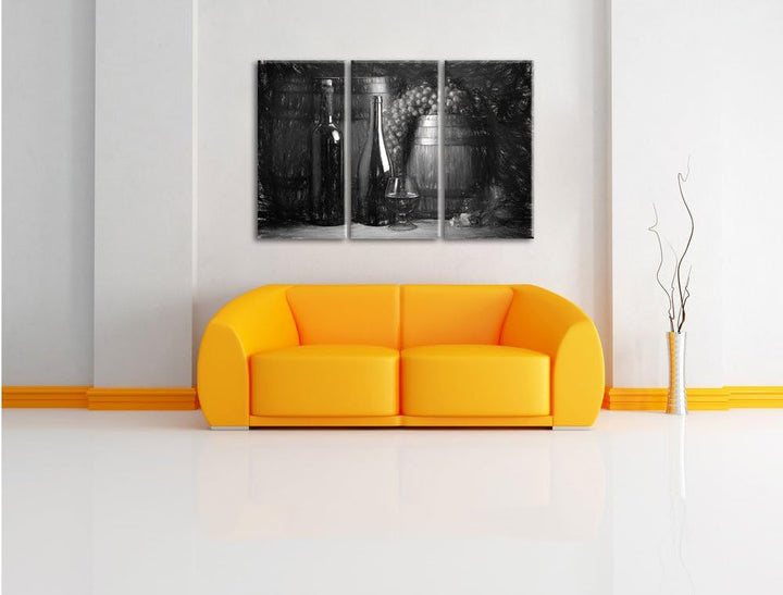 Pixxprint Fässer mit Weintrauben und Wein als Leinwandbild/Grösse: 3 Teilig (120x80) cm/Wandbild/Kun