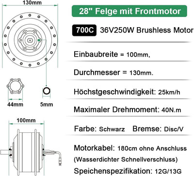 SHIMOST 28 Zoll 700C E-Bike Umbausatz Conversion Kit 36V250W Frontmotor mit 36V15,6Ah Li-ion Batteri