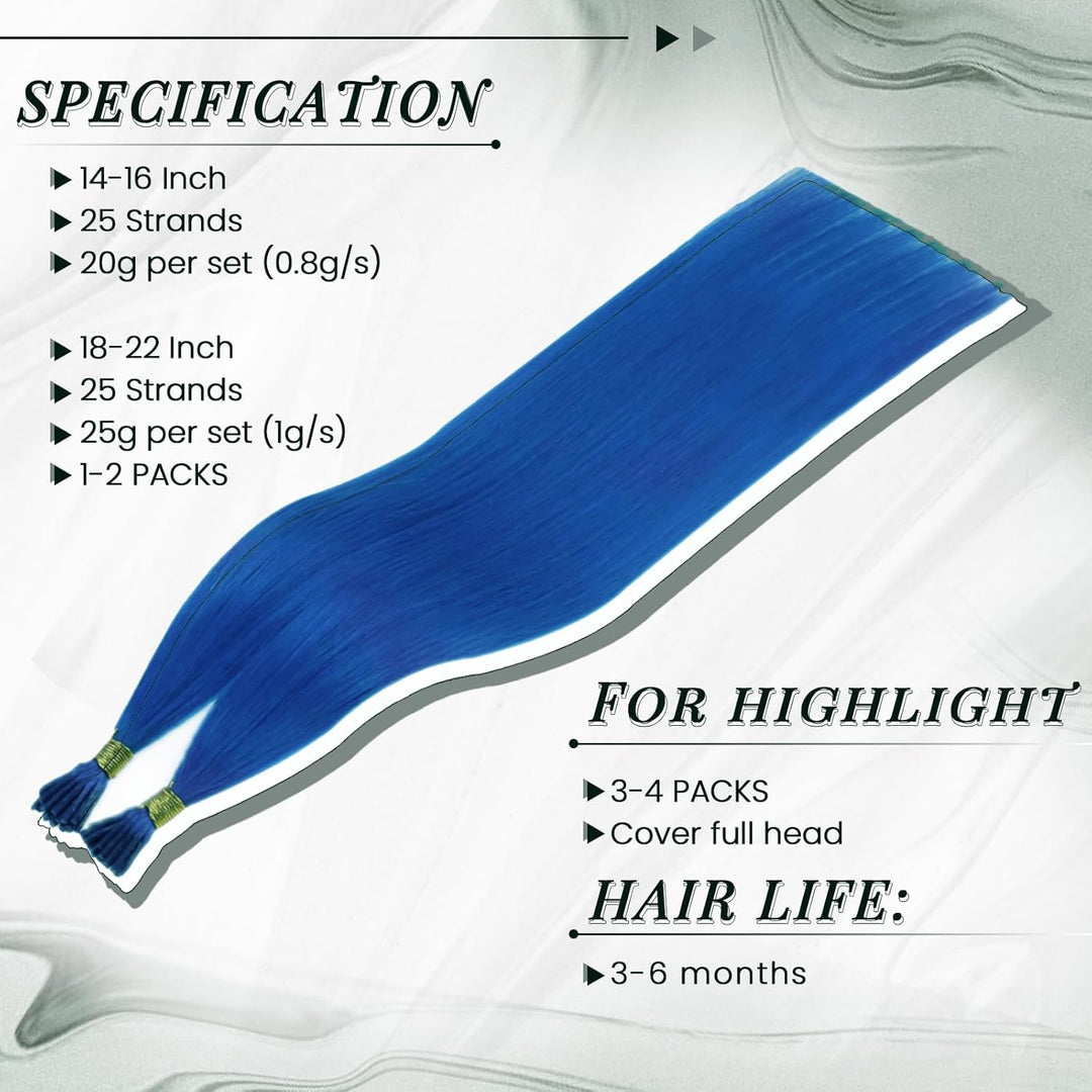 RUNATURE I Tip Extensions Echthaar Blau 40cm 25 Strähne I Tip Bunt Extensions Echthaar Unsichtbar Ha