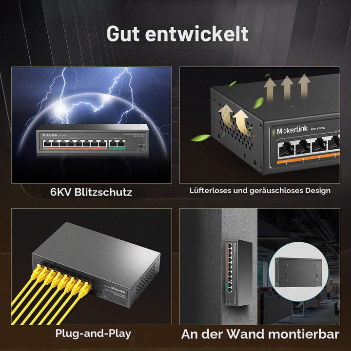 MokerLink 8 Port PoE Switch mit 2 Gigabit Uplink Port, PoE Plus 802.3af/at, 120W eingebauter Leistun