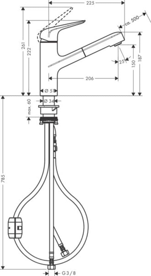 hansgrohe Küchenarmatur (Wasserhahn Küche 120° schwenkbar, hoher ausziehbarer Auslauf 150mm, Standar
