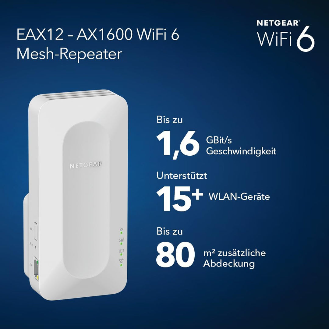NETGEAR Nighthawk EAX12 WiFi 6 WLAN Mesh Repeater AX1600 WLAN Verstärker, bis zu 100 m² &amp; 15 Geräte,