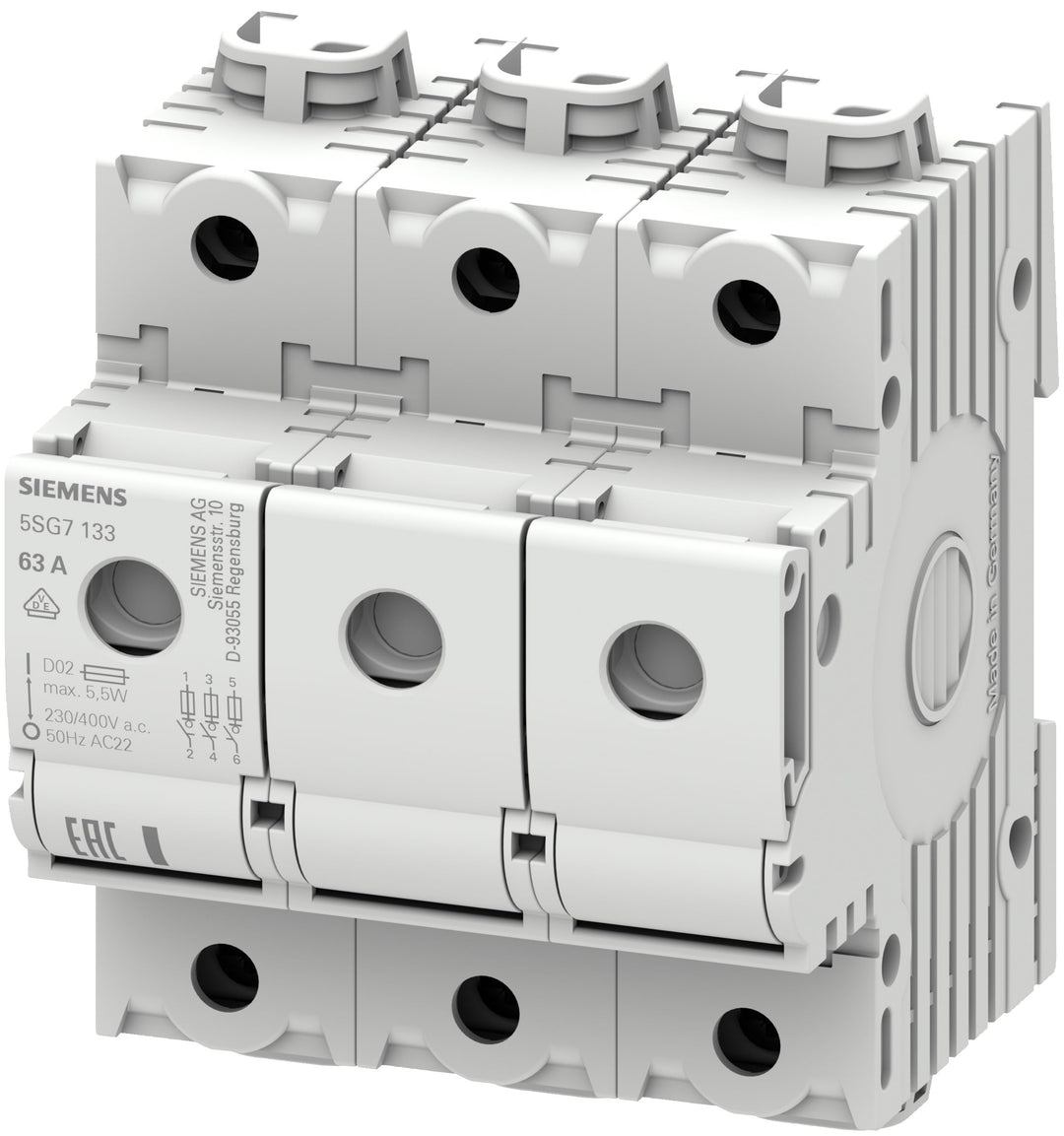 Siemens 5SG7133 MINIZED, Schalttrenner mit Sicherung, D02, 3-polig, In: 63A, Un AC: 400 V, Weiss
