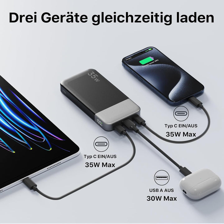 NOBIS Power Bank 35W 10000 mAh Powerbank – Schnellladung mit 2 USB-C EIN- & Ausgängen, 1 USB-A Ansch