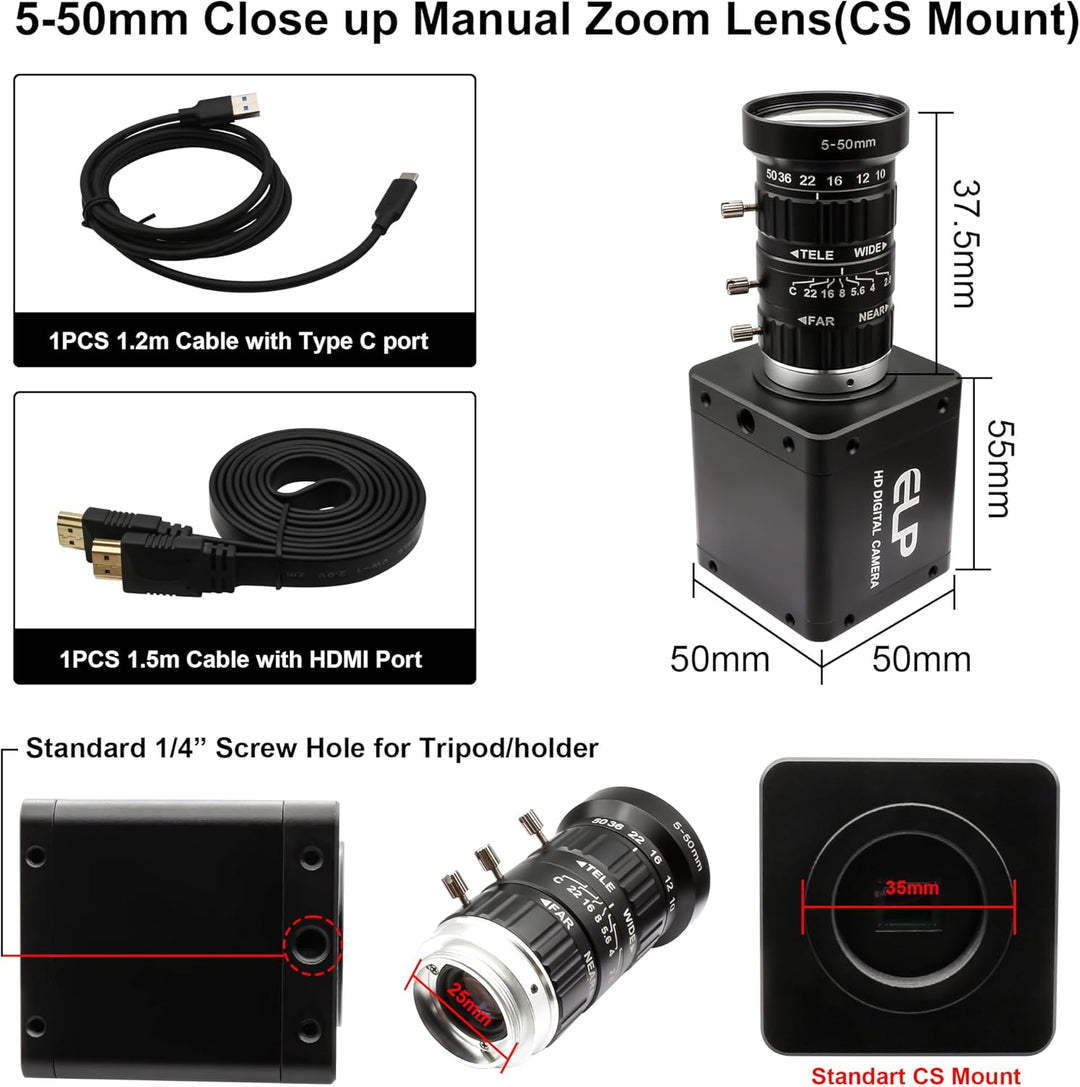 ELP 4K HDMI USB 3.0 Simultanausgangskamera, H.264 High Speed 60fps, Low-Light-Farb-Webcam mit Lich