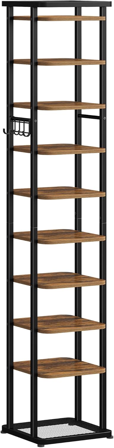 Vertikales Schuhregal, 10 Ebenen Schmales Schuhregal mit Haken, Verstellbar, Platzsparend, Schuhturm