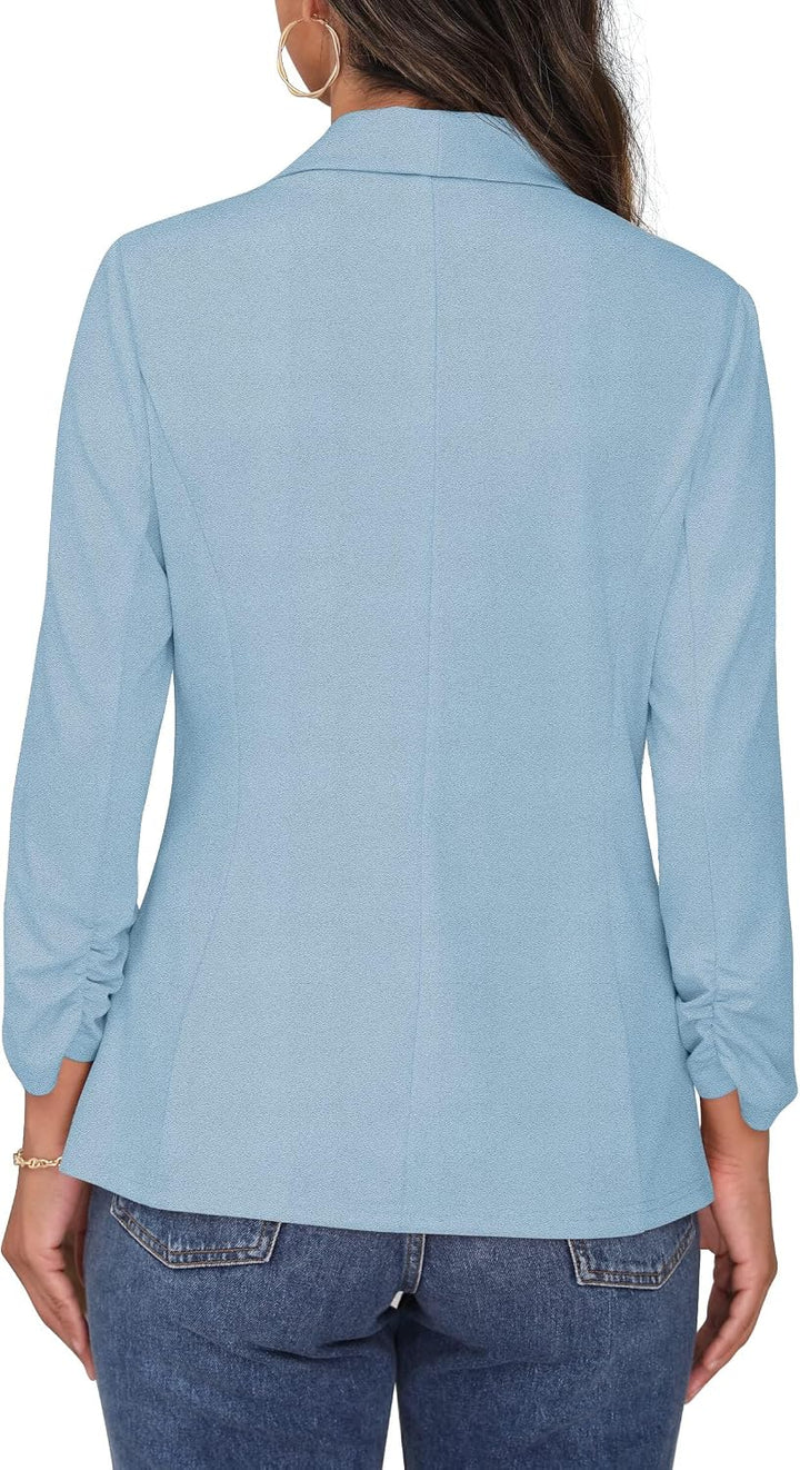 PrinStory Blazer Für Damen 3/4 Geraffte Ärmel Blazer Geschäft Büro Blazer Anzug Sportlich Jack Trenc