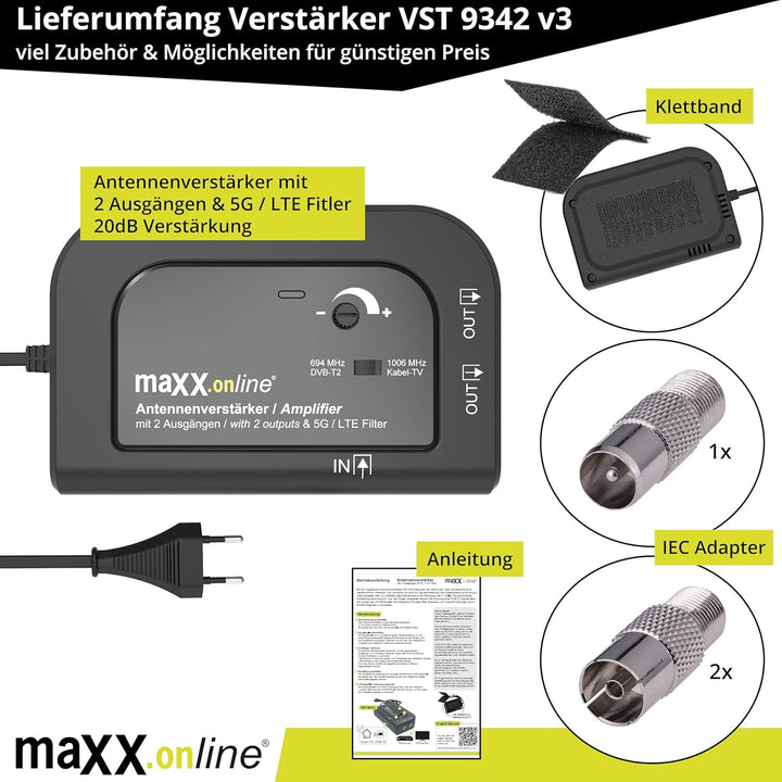 Antennenverstärker mit 2 Ausgängen, Verstärkung 20 dB, 5G / LTE Filter für DVB-T2, Kabelfernsehen, K
