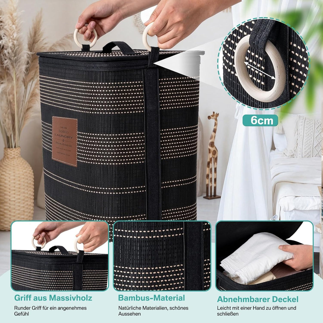 TONYBASKET 72L Bambus Wäschekorb mit Deckel, 40x30x60cm, Faltbarer Praktischer Wäschesammler, Wäsche