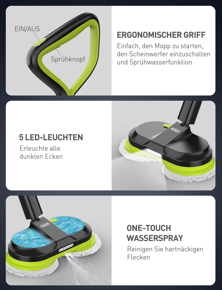 BIUBLE Elektrischer Mopp Bodenwischer Elektrisch Kabellos mit Sprühfunktion Akku Wischmopp Poliermas