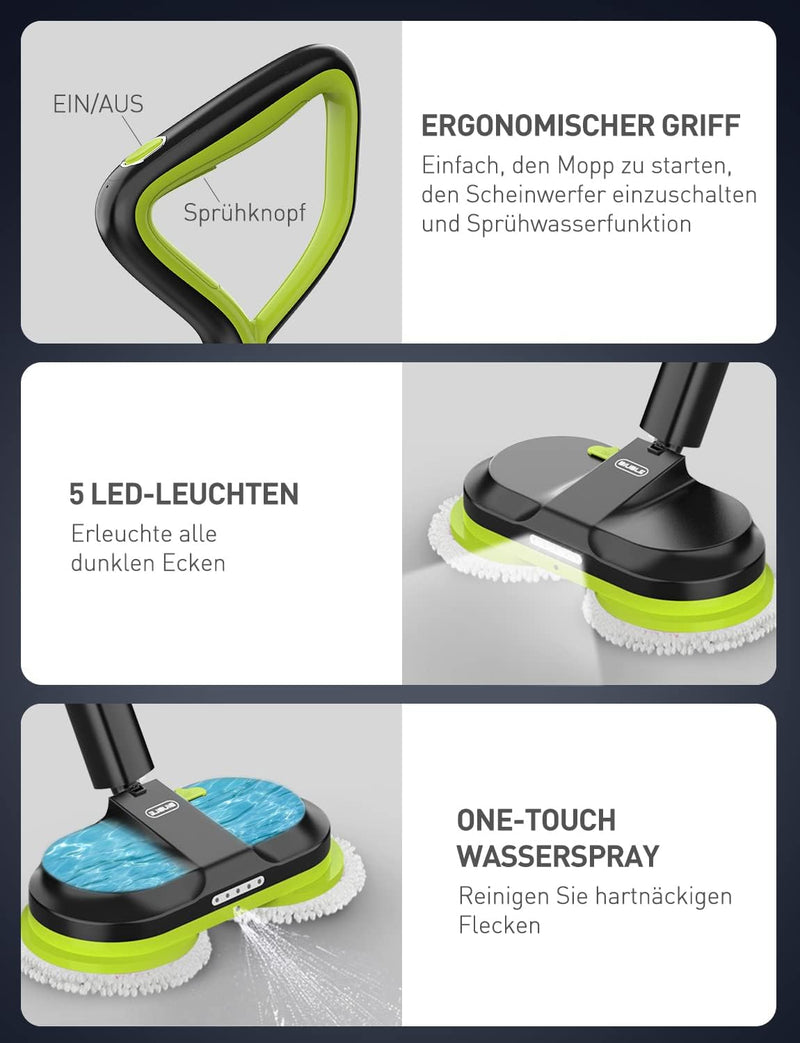BIUBLE Elektrischer Mopp Bodenwischer Elektrisch Kabellos mit Sprühfunktion Akku Wischmopp Poliermas