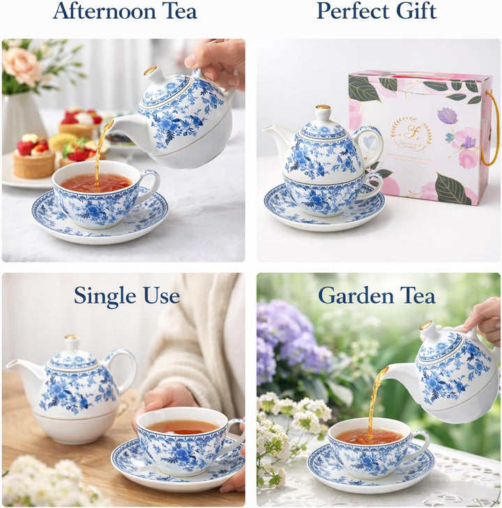 Porcelain Tea for One Set Beautiful Flower Ceramic Teapot with Cup Gifted Box (Blue and White), Blue