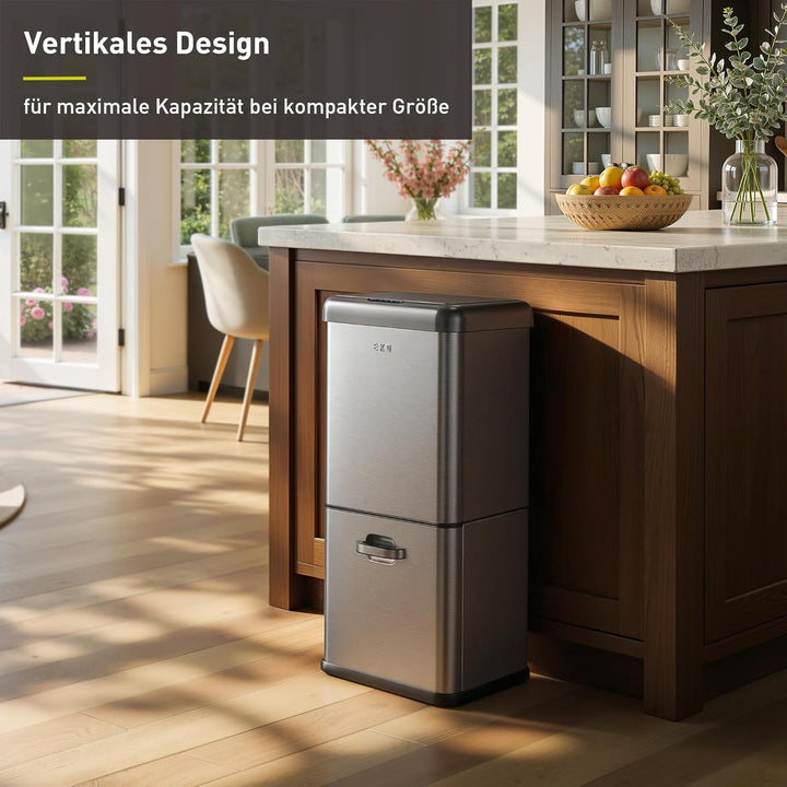 EKO Vintage 50L Mülleimer Sensor, Mülleimer 2 Fächer 32L + 18L, Mattes Edelstahl Küchenabfalleimer,