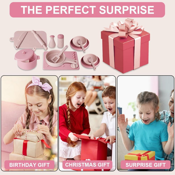 HOTUT Kindergeschirr Spielküche,16 Stück Kinderküche Kindergeschirr Set,Silikon Küchenzubehör Kinder