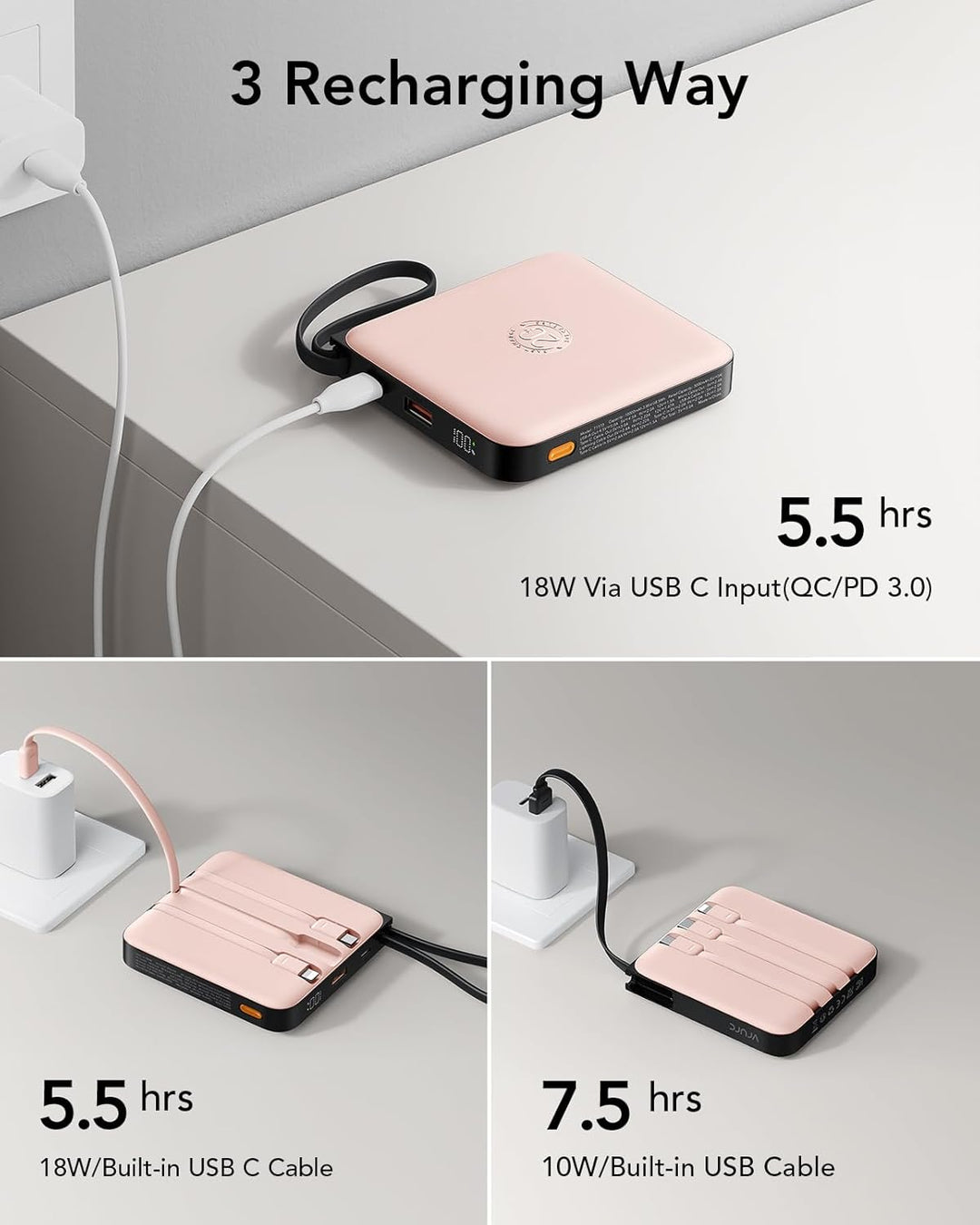 VRURC Powerbank 20000mAh mit Kabel Klein Power Bank USB C Schnelles Aufladen Tragbares Ladegerät Ext