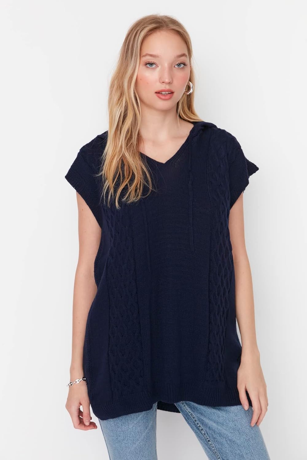 TRENDYOL Damen V-Ausschnitt Unifarben Regular Strickweste Sweater S Navy Blue, S Navy Blue