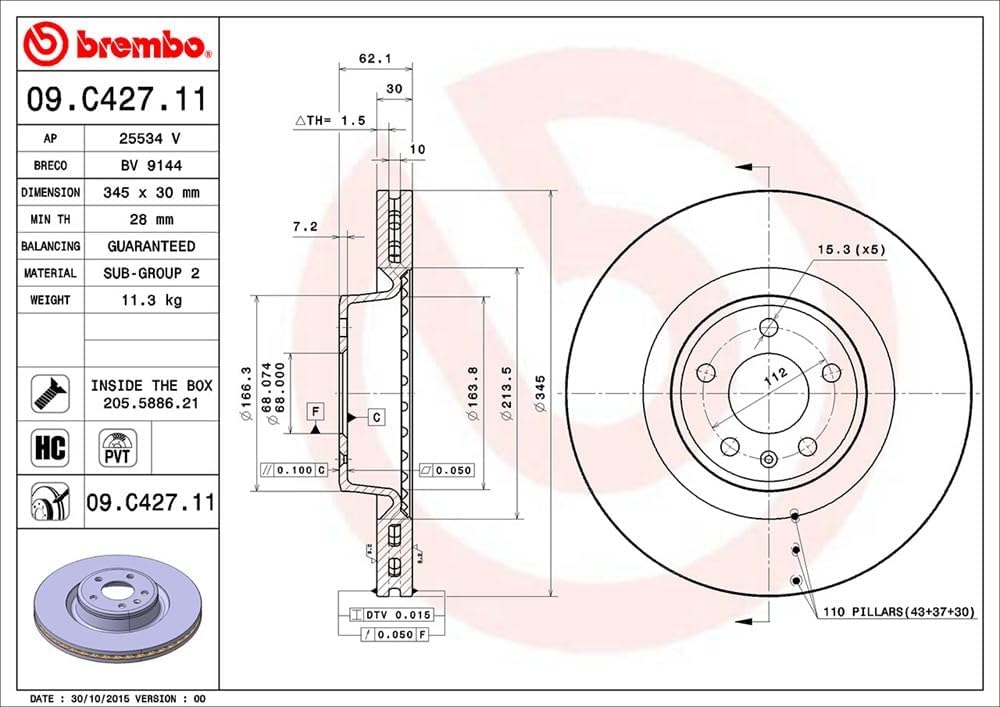 Brembo 09.C427.11 - Bremsscheibe mit UV-Lack (Set von 1 Stück) - vorne