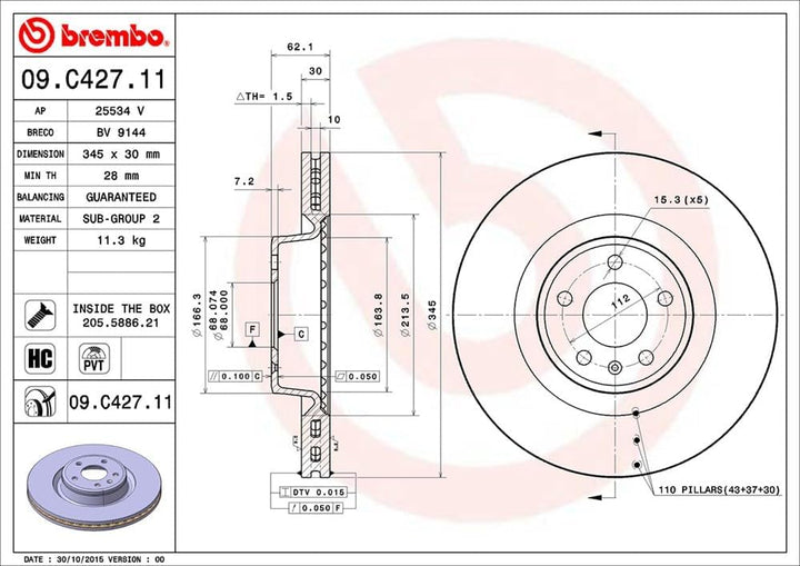 Brembo 09.C427.11 - Bremsscheibe mit UV-Lack (Set von 1 Stück) - vorne