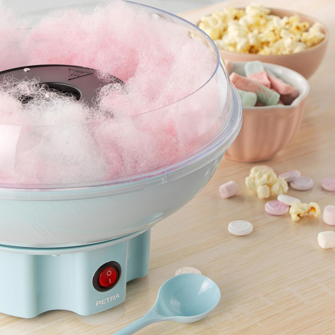Petra PT2641BLVDEEU7 Zuckerwattemaschinen inkl. Messlöffel und 50 Holzstäbchen, tragbare Retro Zucke