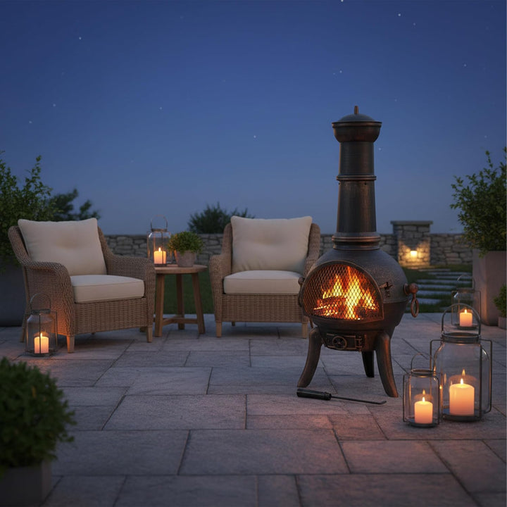 Relaxdays Terrassenofen, mit Funkenschutz, Schürhaken, Feuerrost, Zugluftklappe, Gartenkamin Gusseis