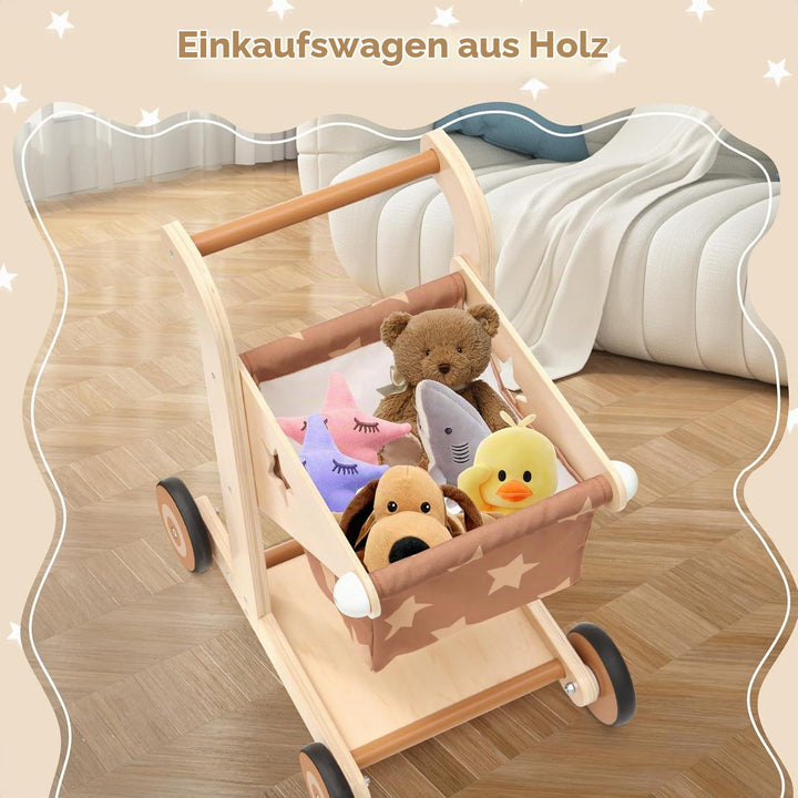 Asweets 2-in-1 Lauflernwagen Holz, Puppenwagen zum Schieben und Ziehen, Baby Walker, Kleinkindspielz