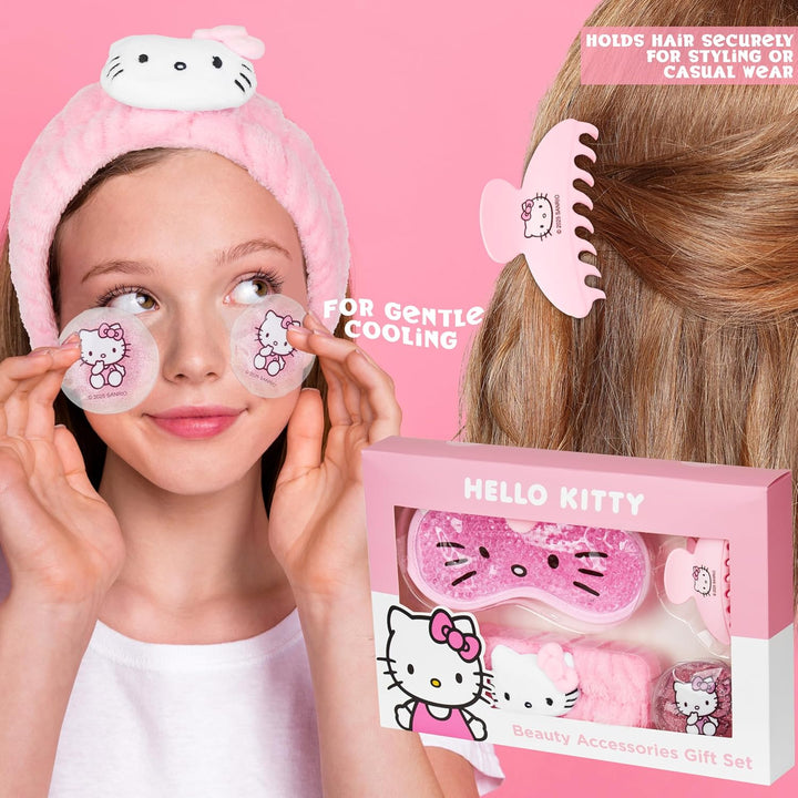 Hello Kitty Sanrio Beauty Set mit Gel Augenmaske Kühlend, Augen Pads, Haarband Damen & Haarklammer,