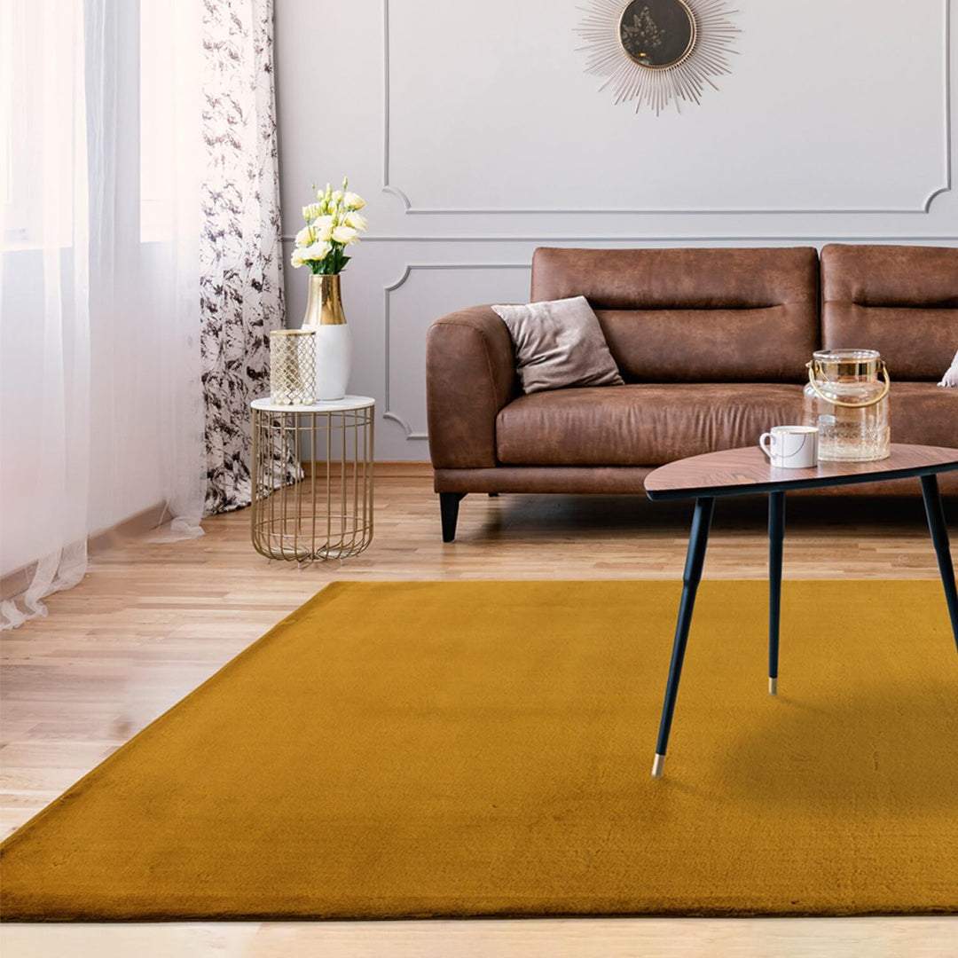 carpet city Hochflor Teppich Wohnzimmer - Einfarbig Amber, bernsteinfarbend - 120x170 cm - Super Sof