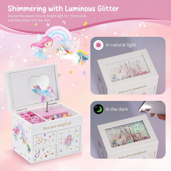 Lolalet Mädchen Schmuckkästchen, Holzschmuck Organizer mit Einhorn, Schmuckkasten für Halskette Ohrr