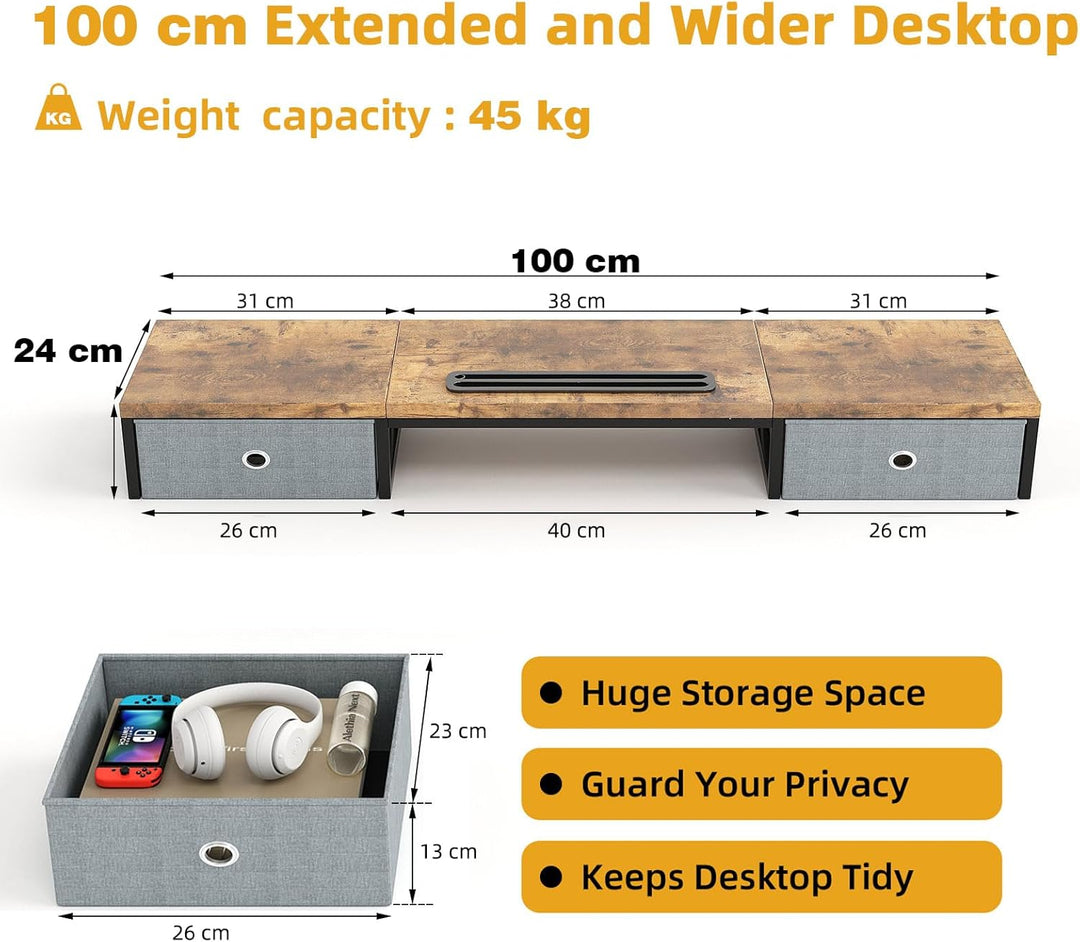 Dual Monitor Stand Riser mit 2 Schubladen - 100CM grosse Lagerung Computer Monitorständer für 2 Moni