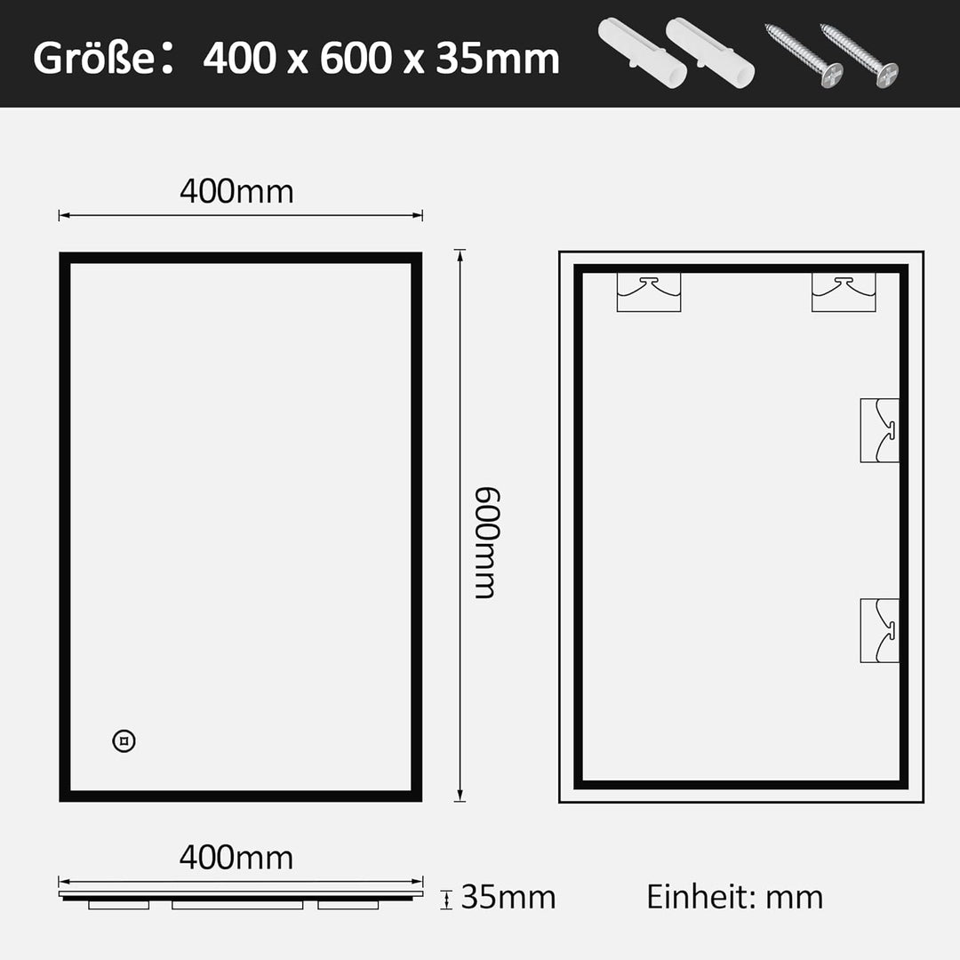 Boromal LED Badspiegel mit Beleuchtung 40x60cm LED Badspiegel 3 Lichtfarbe Dimmbar 3000-6500K 1940LM