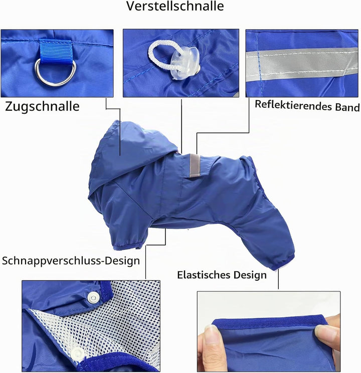 Regenmantel für Hunde Mit Kapuze - Verstellbar, für Unterschiedliche Grössen und Formen (Blau)
