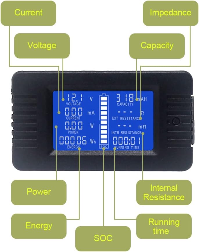 Batteriezähler DC Voltmeter Amperemeter Energie Monitor LCD Multimeter Digital Spannung Strom Cap Oh
