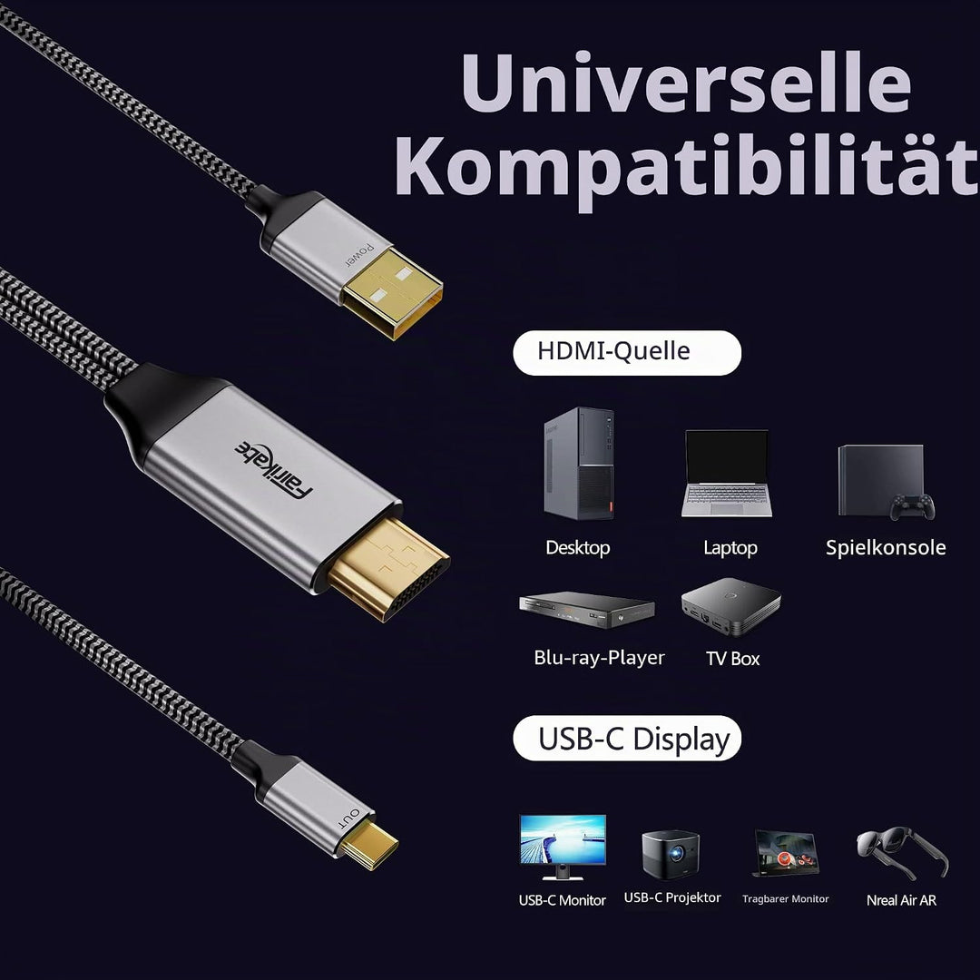 fairikabe HDMI auf USB C Kabel 4K @ 60Hz, HDMI auf USB Typ C Adapterkabel 2,0m mit USB Stromkabel, k