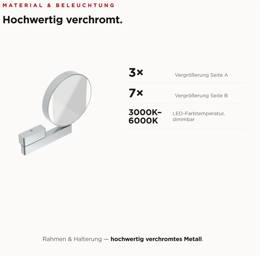 Emco Universal LED Kosmetik- und Rasierspiegel am Flexarm, runder Kosmetikspiegel mit Beleuchtung zu