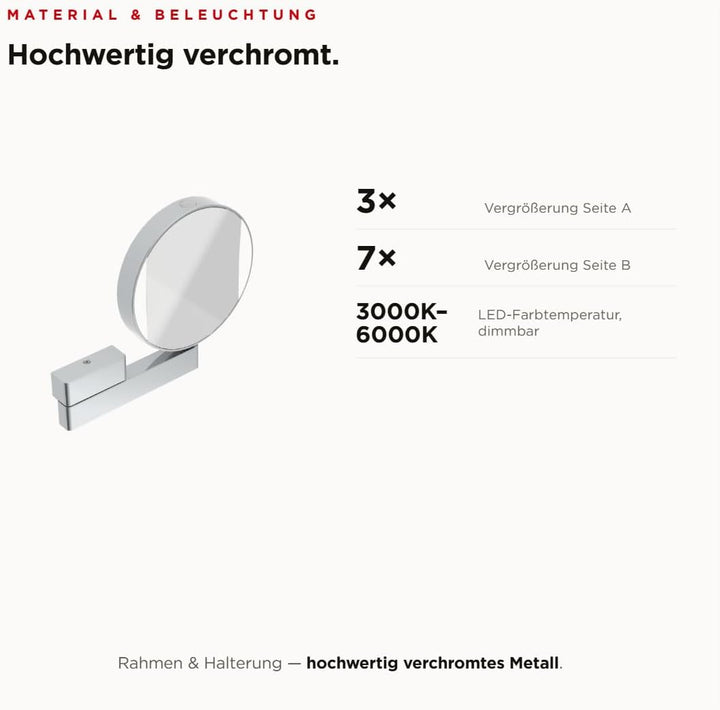 Emco Universal LED Kosmetik- und Rasierspiegel am Flexarm, runder Kosmetikspiegel mit Beleuchtung zu