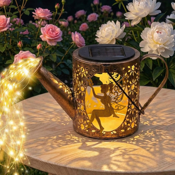 Solargiesskanne-Licht mit Hasen-Silhouette-Stecker & Feendesign – Kaskaden-LED-Lichterkette für Gart
