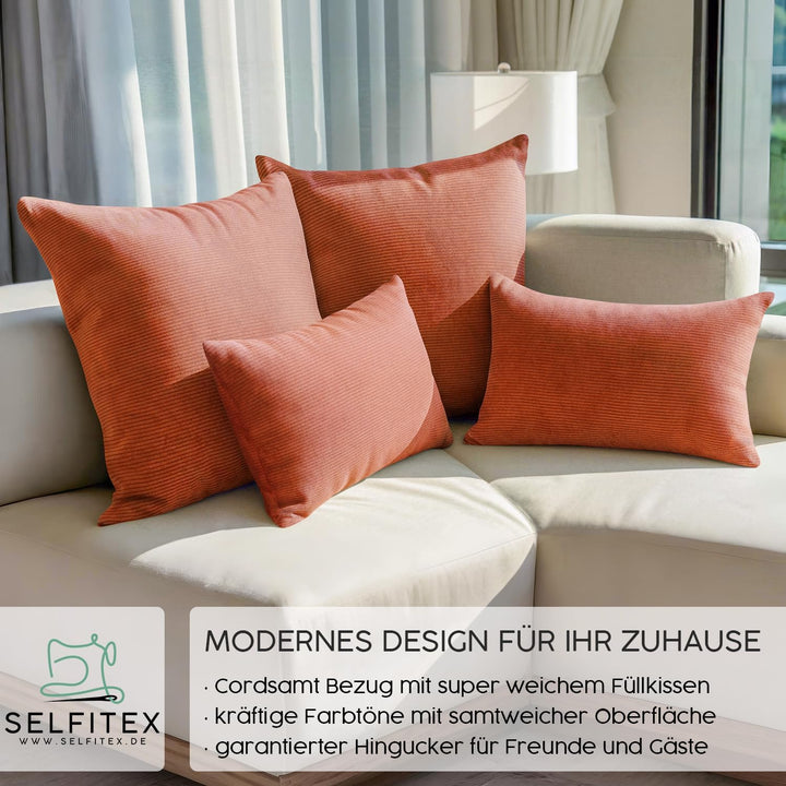Selfitex 4er Set Cord Kissen 2X 50x50 + 2X 30x50, Couchkissen mit Füllung und Bezug, Kissen Cord, sa