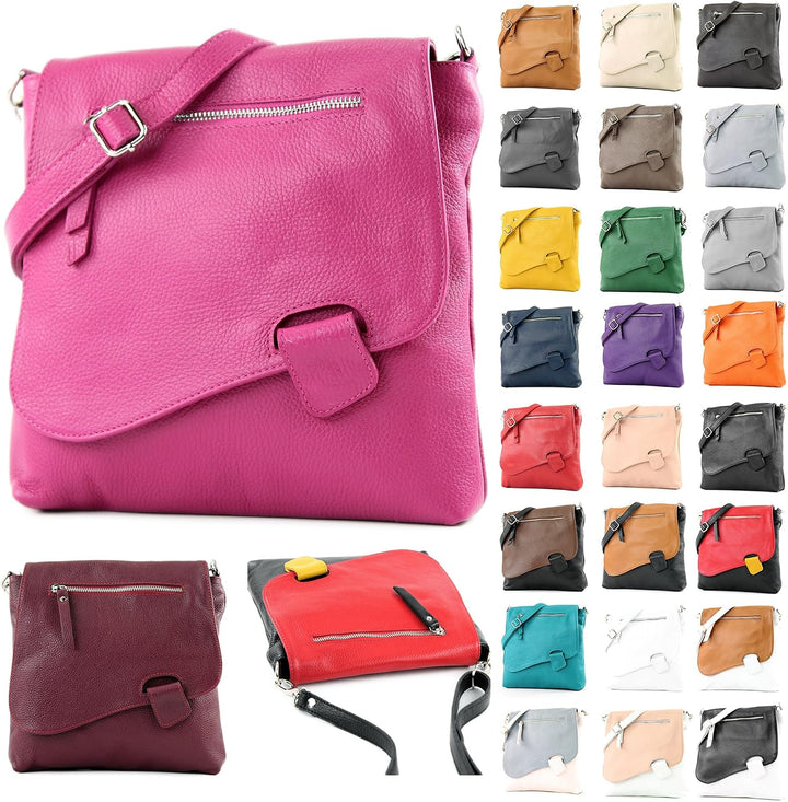 modamoda de - T146 - ital. Umhängetasche Schultertasche aus Leder Weiss/Rosa, Weiss/Rosa