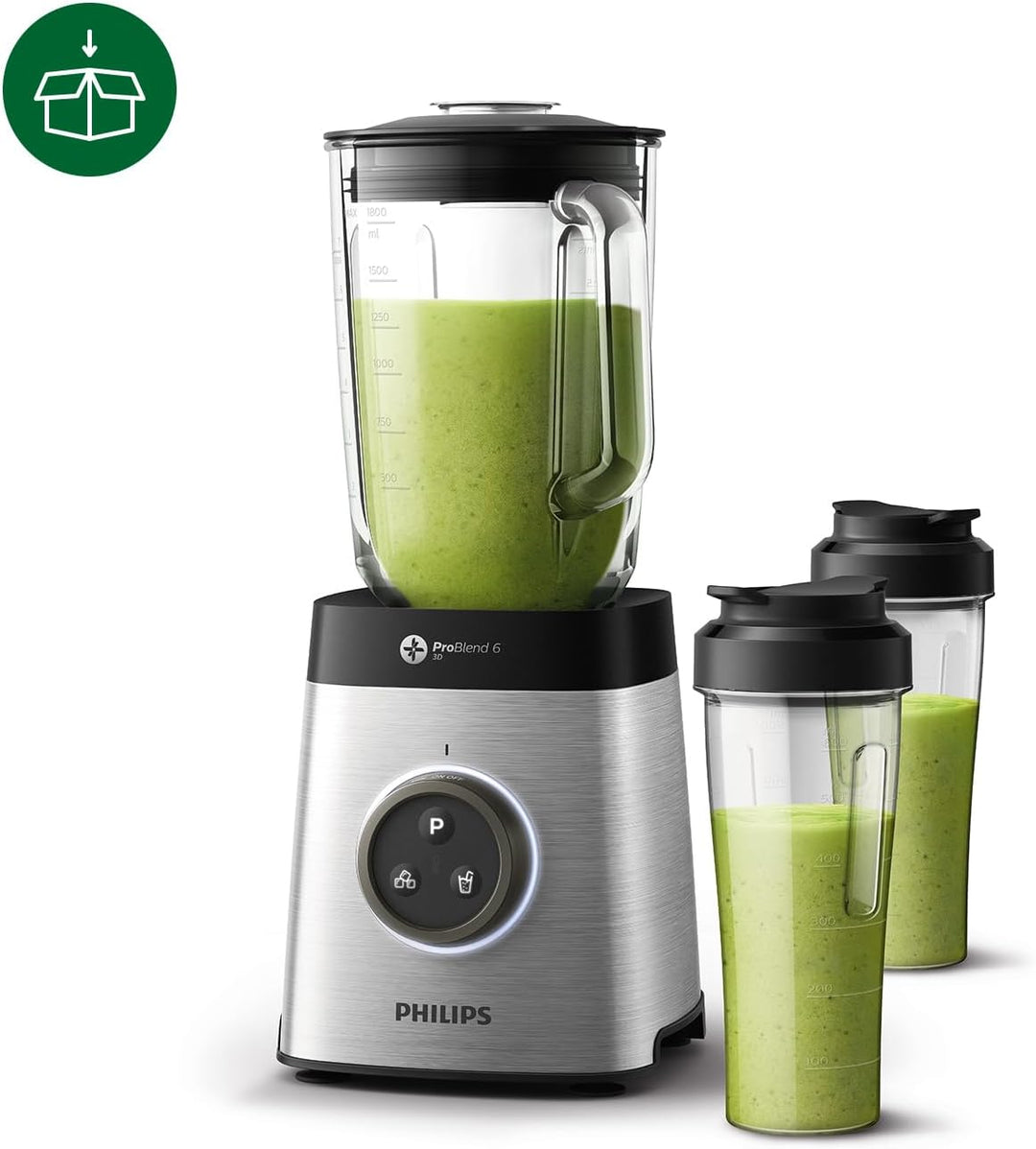 Philips HR3655/00 Standmixer (1400 Watt, ProBlend 6 3D Technologie, 2 Liter Glasbehälter, 2x Trinkbe