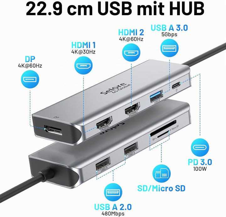 USB C Dockingstation Triple Display Dual HDMI Adapter, 9 in 1 Laptop Docking Station zu Displayport