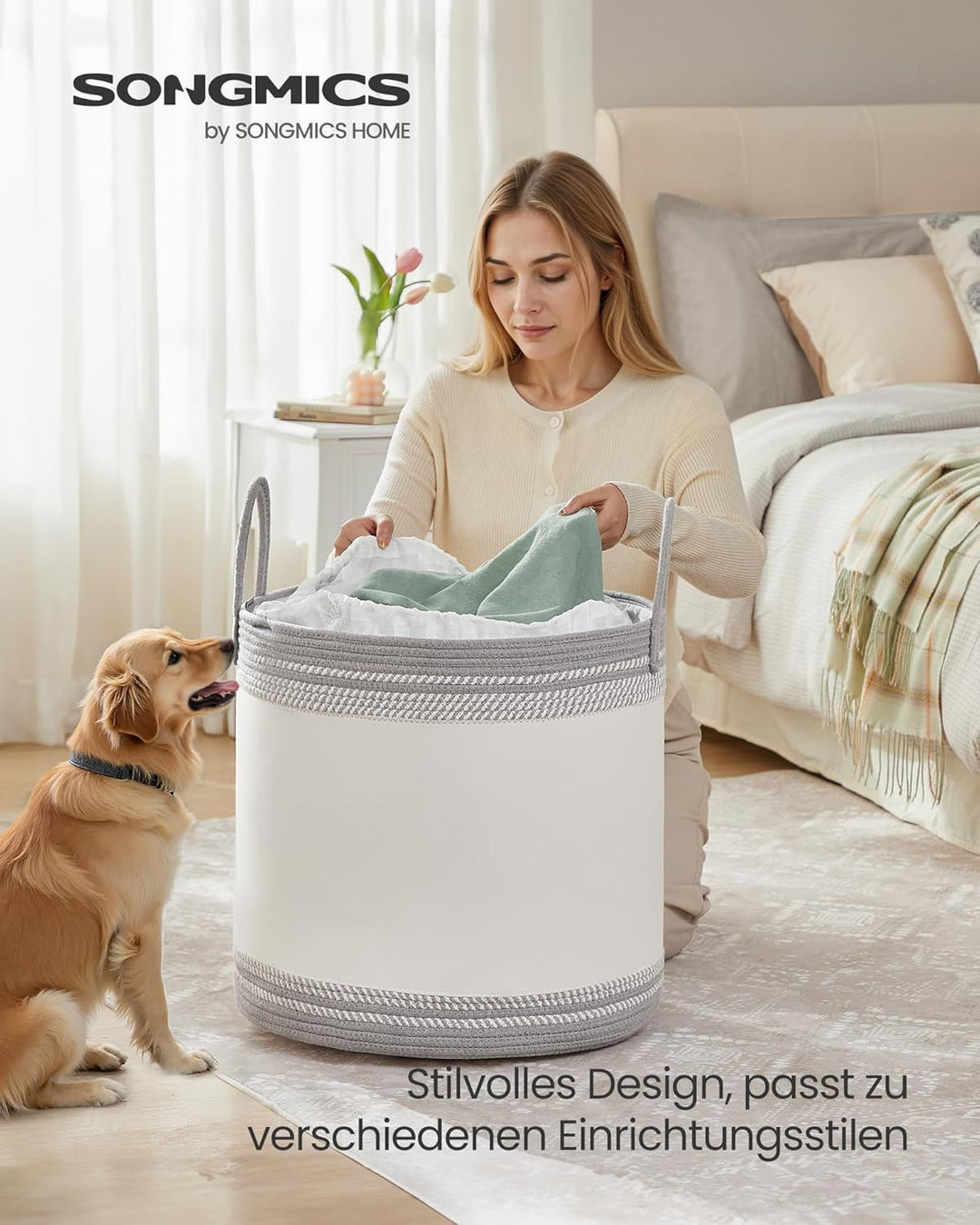 SONGMICS Wäschekorb, Wäschesammler, Aufbewahrungskorb, Baumwollseil, mit Henkel, für Decken, Kleider