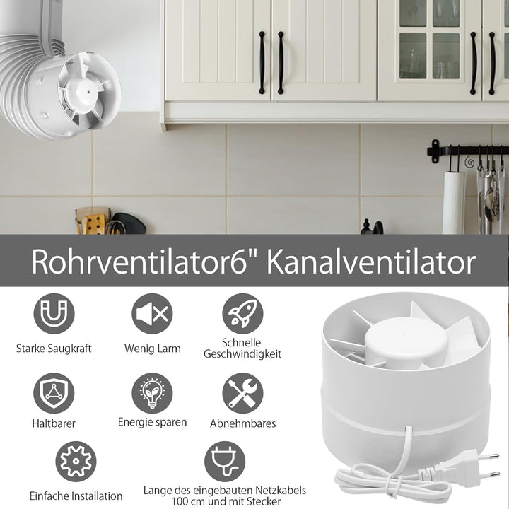 Kanal Rohrventilator 150mm Inline Abluftventilator 150mm, 305m³/h, Hohe Qualität, Leise, Rauchabzug