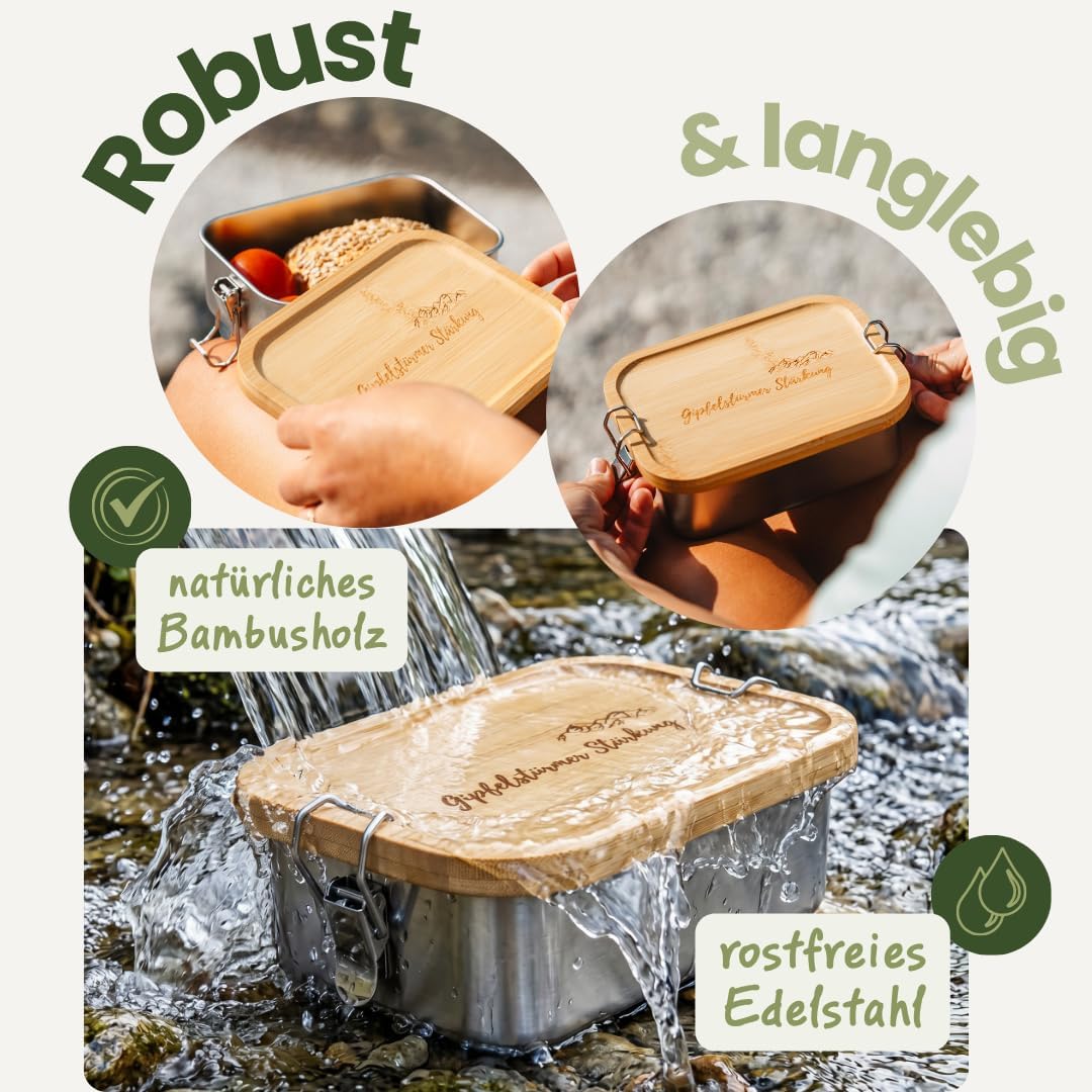 Gipfelgaudi Gipfelstürmer Brotdose mit Holzdeckel I Langlebige Edelstahl Box für Kinder & Erwachsene